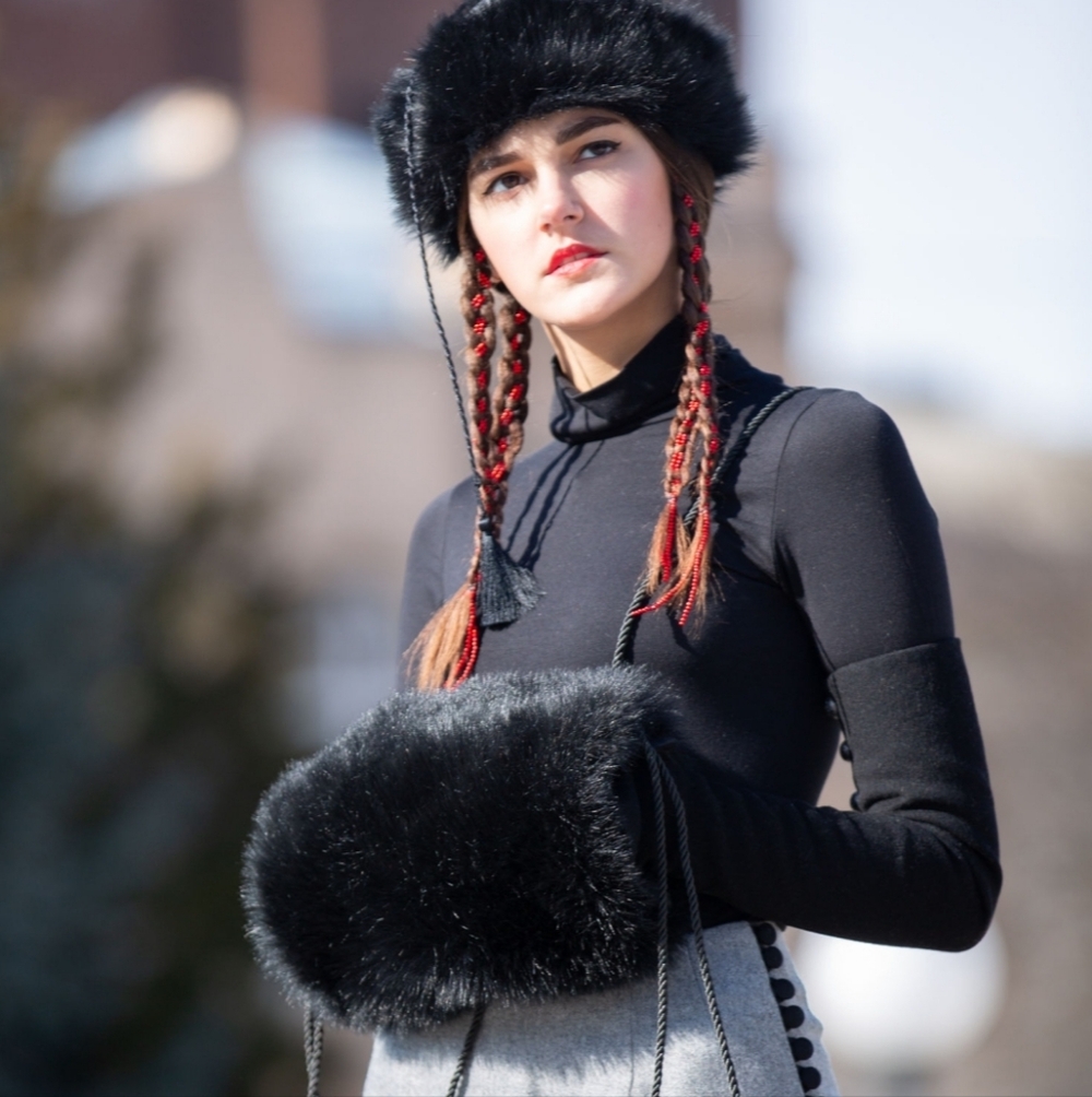 Black Faux Fur Muff Hand Warmer W/ Leather Strap
